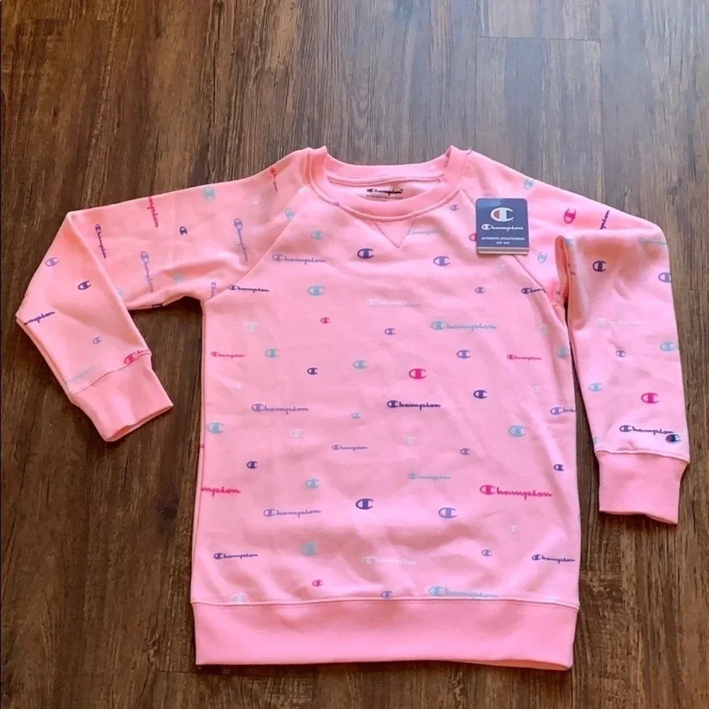 Girls Champion All Over Logo Pink Crewneck Sweatshirt Sz Medium NWT - Picture 3 of 12